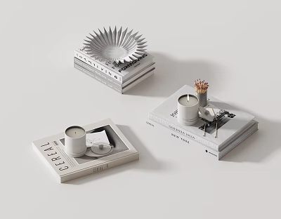 Stylish Stacked Books And Magazines With Decorative Candle Pens On Tabletop 3d model