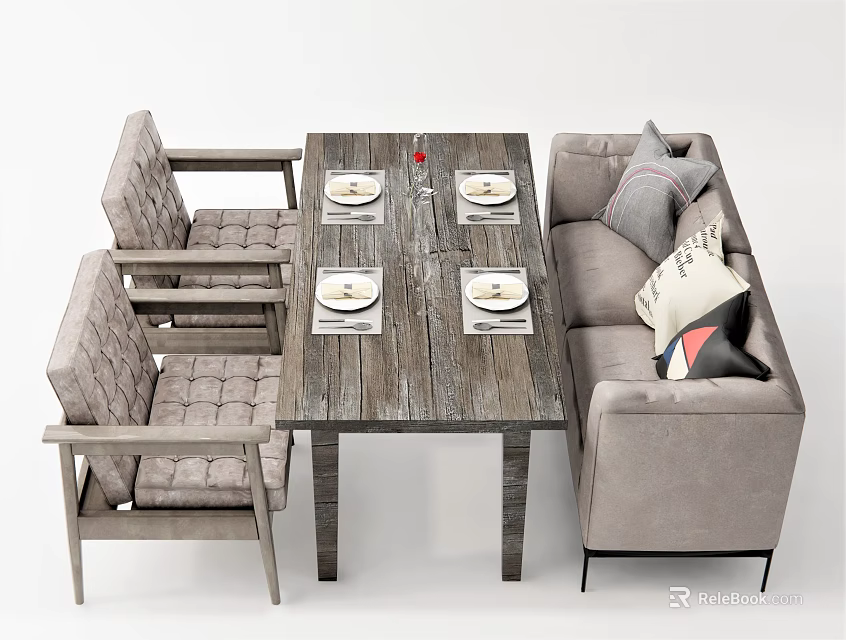 Rustic Wooden Dining Table Set With Upholstered Chairs Gray Sofa And Throw Pillows 3d model