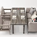 Rustic Wooden Dining Table Set With Upholstered Chairs Gray Sofa And Throw Pillows 3d model