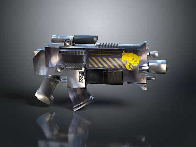 Futuristic Mechanical Silver Weapon With Yellow Emblem And Tactical Structure Details 3d model