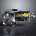 Futuristic Mechanical Silver Weapon With Yellow Emblem And Tactical Structure Details