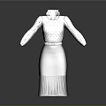 White Polka Dot High Neck Long Sleeve Blouse With Dark Fringe Skirt Women's Fashion