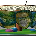 Colorful Circular Net Playground Structure With Central Cylinder Hanging Rings And Striped Floor