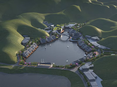 Aerial Master Plan of Lakeside Development With Green Hills Surrounding Buildings Bridge and Boats 3d model