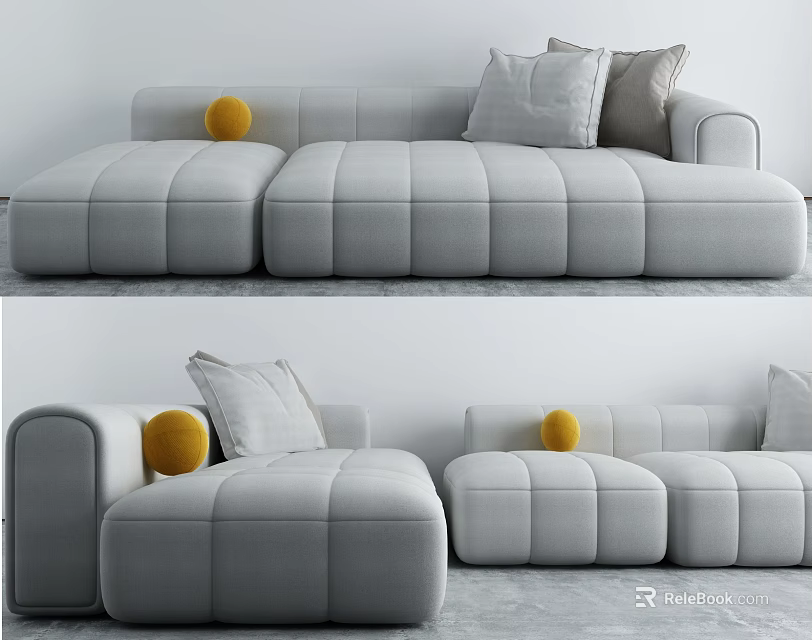 Modern Gray Sectional Sofa With Plush Pillows And Yellow Decorative Accent 3d model