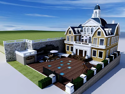 Elegant Detached Villa Featuring Yellow Exterior Black Roof Tower Patio With Outdoor Seating And Greenery 3d model