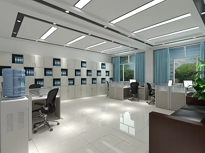 Modern Spacious Office Interior With Office Desks Filing Cabinets Water Dispenser And Potted Plant 3d model