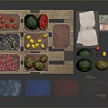 Fresh Fruits And Vegetables In Wooden Crates With Colorful Baskets And Labels
