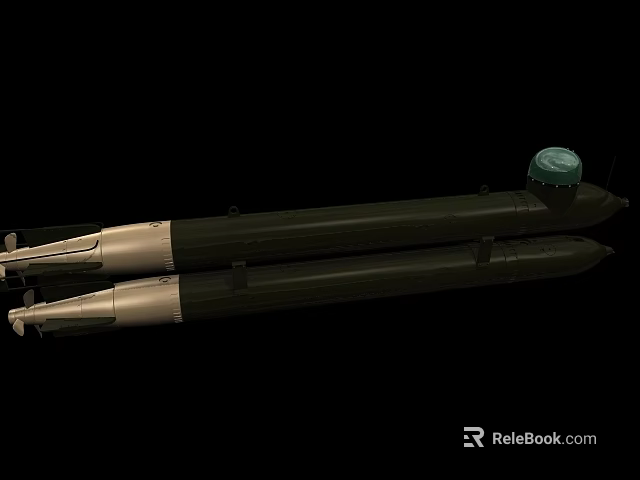 Military Weapon Two Long Cylindrical Torpedoes With Dark Green Metal Casing And Green Top Components 3d model 