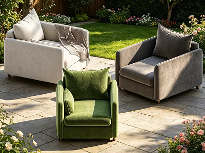 Outdoor Armchairs Green Light Gray and Dark Gray in Garden Patio with Flowers and Greenery 3d model
