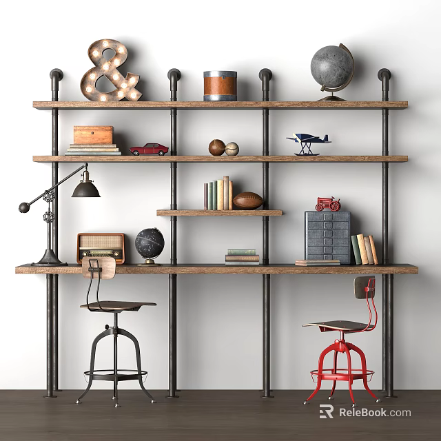 Vintage Industrial Desk With Metal Frame Wooden Shelves Globe Books And Stools 3d model 
