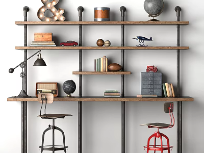 Vintage Industrial Desk With Metal Frame Wooden Shelves Globe Books And Stools 3d model