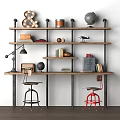 Vintage Industrial Desk With Metal Frame Wooden Shelves Globe Books And Stools
