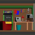 Vintage Computer Setup With Computer Desk Red Sofa Posters Bookshelf And Gaming Elements