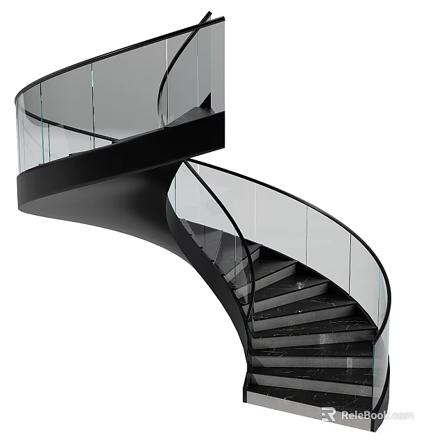 Elegant Modern Spiral Staircase With Glass Railing And Black Steps Design 3d model 
