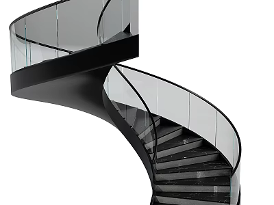 Elegant Modern Spiral Staircase With Glass Railing And Black Steps Design 3d model