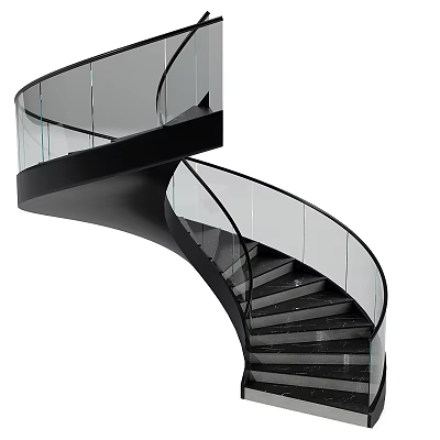 Elegant Modern Spiral Staircase With Glass Railing And Black Steps Design 3d model