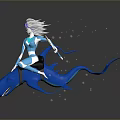 3D Female Figure With White Hair Riding Blue Whale Like Octopus Creature Tentacles Water Droplets