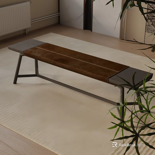 Modern Minimalist Shoe Bench With Brown Upholstered Seat Gray Frame And Metal Legs In Entryway 3d model 