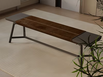Modern Minimalist Shoe Bench With Brown Upholstered Seat Gray Frame And Metal Legs In Entryway 3d model