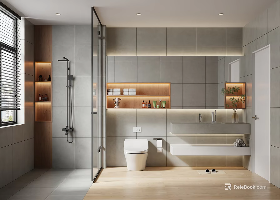 Modern Bathroom With Grey Tiles Wooden Shelves And Glass Shower 3d model 