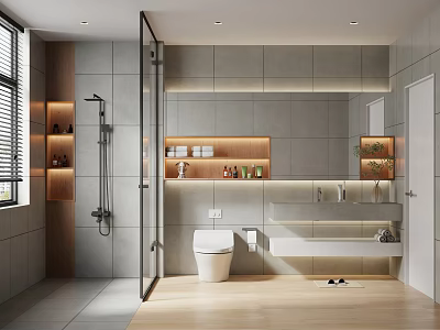 Modern Bathroom With Grey Tiles Wooden Shelves And Glass Shower 3d model