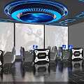 Modern Cyber Cafe Interior Featuring Blue Lighting Tech Style Walls Comfortable Sofas And Gaming Computers 3d model
