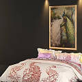 Elegant Background Double Bed With Colorful Pillows Red Pattern Bedspread And Peacock Painting 3d model