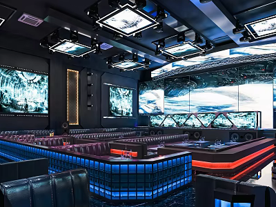 Modern Bar Interior Design With LED Screens Colorful Lighting And Comfortable Seating 3d model