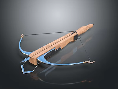Modern Wooden Bow With Blue Metal Parts Sturdy Grip And Bowstring Design 3d model