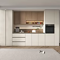 Modern Kitchen Sideboard With White And Wooden Cabinets Drawers And Decorations