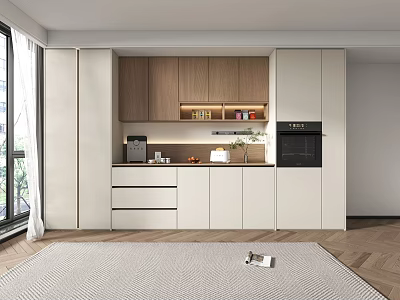 Modern Kitchen Sideboard With White And Wooden Cabinets Drawers And Decorations 3d model