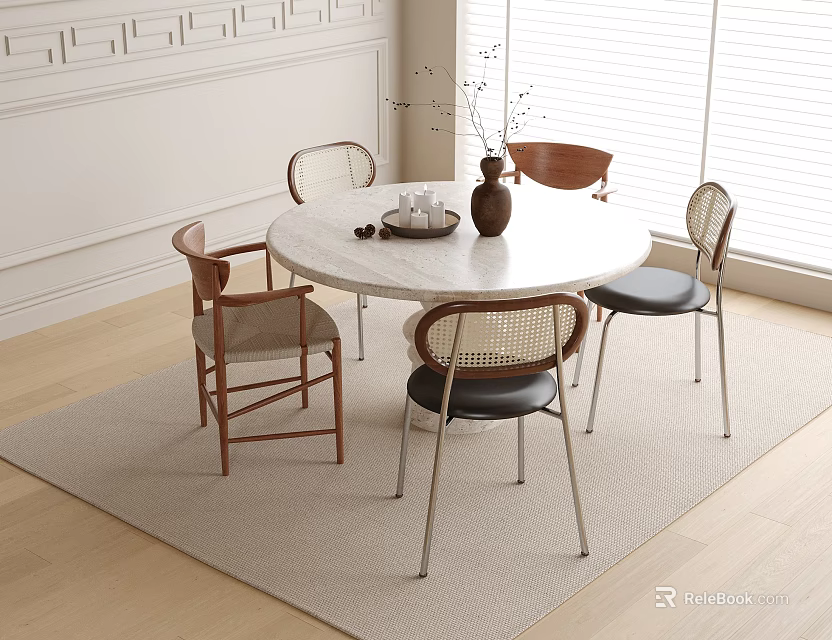 Modern Dining Room Interior With Round Marble Top Table And Five Mixed Design Chairs 3d model 