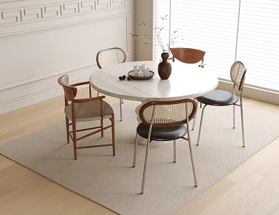 Modern Dining Room Interior With Round Marble Top Table And Five Mixed Design Chairs 3d model