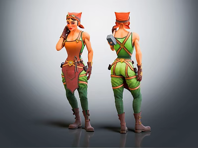 3D Fantasy Character With Red Hat Orange Top Green Pants Front And Back Views 3d model