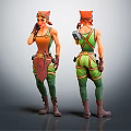 3D Fantasy Character With Red Hat Orange Top Green Pants Front And Back Views