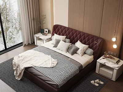 Modern Bedroom Interior With Burgundy Tufted Headboard Checkered Bedspread White Throw And Snowy Window View 3d model