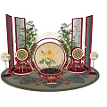 Traditional Chinese Cultural Stage With Red Frames Bamboo And Circular Decorations