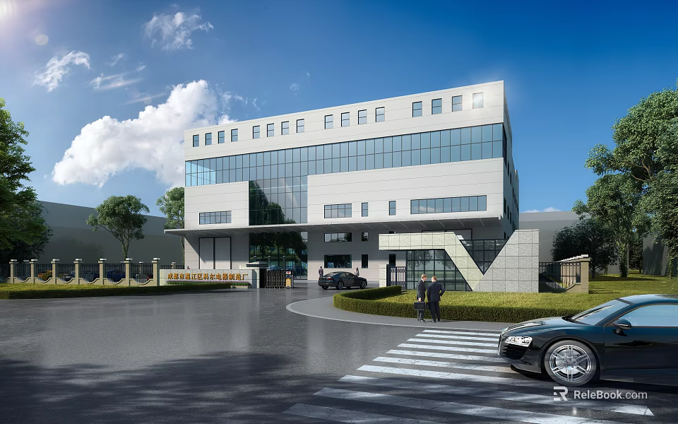 Modern White Office Building With Glass Windows Lawn Trees Cars And Pedestrians In Front 3d model 