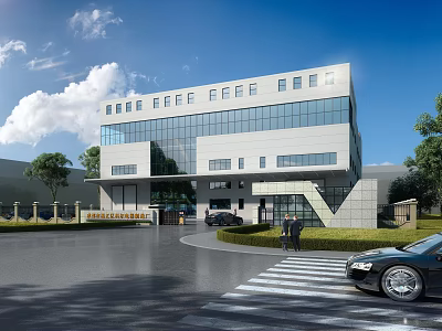 Modern White Office Building With Glass Windows Lawn Trees Cars And Pedestrians In Front 3d model