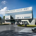 Modern White Office Building With Glass Windows Lawn Trees Cars And Pedestrians In Front
