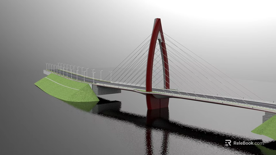 Modern Cable Stayed Bridge With Red Pylon Green Slope Over Water And Reflection 3d model