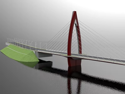 Modern Cable Stayed Bridge With Red Pylon Green Slope Over Water And Reflection 3d model