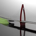 Modern Cable Stayed Bridge With Red Pylon Green Slope Over Water And Reflection 3d model