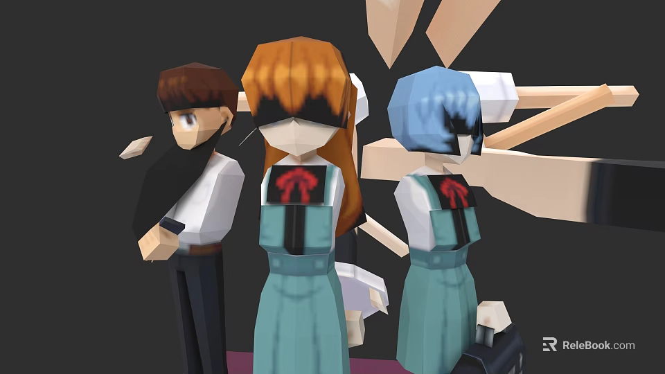 Low Poly Game and Movie Characters With Different Hair Colors Wearing Uniforms 3d model 
