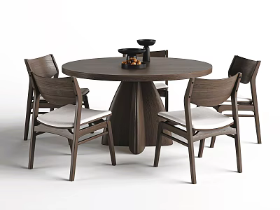 Modern Round Wooden Dining Table With Matching Upholstered Chairs And Centerpiece Decor 3d model