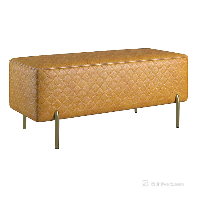 Tan Leather Upholstered Bench With Quilted Diamond Pattern And Brass Metal Legs 3d model 