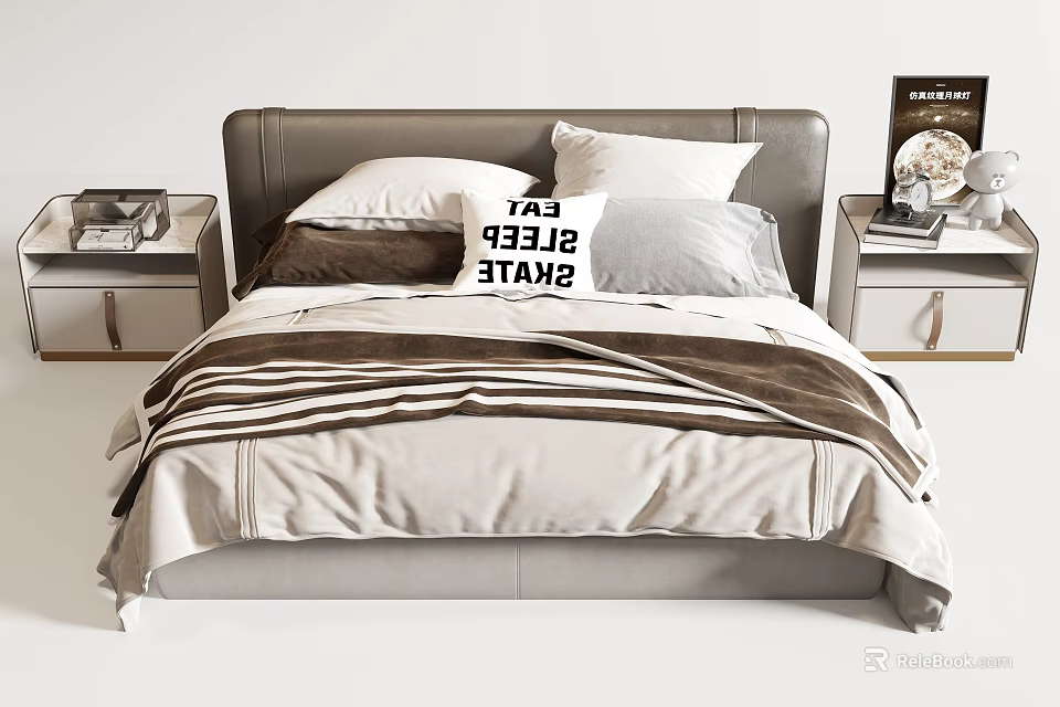 Modern Double Bed With Leather Headboard Striped Bedding And Pillows With Eat Sleep Repeat Text 3d model 