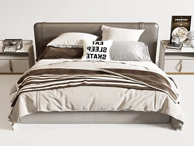 Modern Double Bed With Leather Headboard Striped Bedding And Pillows With Eat Sleep Repeat Text 3d model
