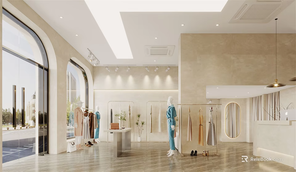 Elegant Modern Women's Clothing Store With Mannequins Hanging Apparel And Display Racks 3d model 